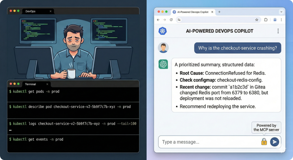 Description: This split-screen comparison is perfect for illustrating the automated triage use case.

The Left Side shows a "tired" engineer manually running classic debugging commands: kubectl get pods, kubectl describe, and kubectl logs.

The Right Side shows the modern "ChatOps" interface, where the same information is summarized in natural language. Powered by MCP (visible on the input bar), the AI diagnoses a Redis connection issue (image_1.png).

Context: This visual emphasizes the speed and efficiency gained by using MCP.