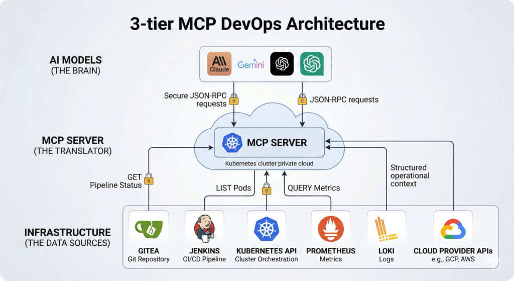 Description: This 3-tier diagram serves as the foundational overview. It shows AI Models (the "Brain") at the top, connecting via JSON-RPC to a central MCP Server. The server translates these requests into actions across the "Infrastructure" tier, which specifically includes icons for Gitea, Jenkins, Kubernetes API, Prometheus, Loki, and Cloud APIs (e.g., GCP).

Aesthetic: Clean digital illustration with lock icons indicating secure communication (image_0.png).