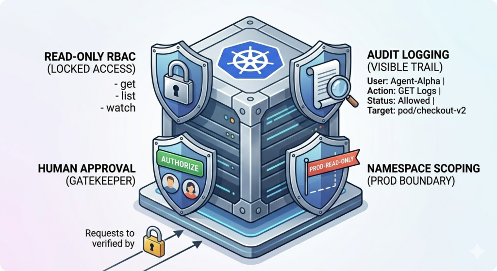 Description: This visual detail focuses solely on security. It depicts the core MCP Server (as established in image_0.png) protected by four robust shield icons. These shields represent the critical safety features needed for production deployments:

Read-Only RBAC: A locked shield.

Audit Logging: A scroll and magnifying glass showing the agent